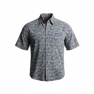 AVIREX Vintage Mens 2XL Short Sleeve Button Up Shirt‎ Japanese Script Print Blue